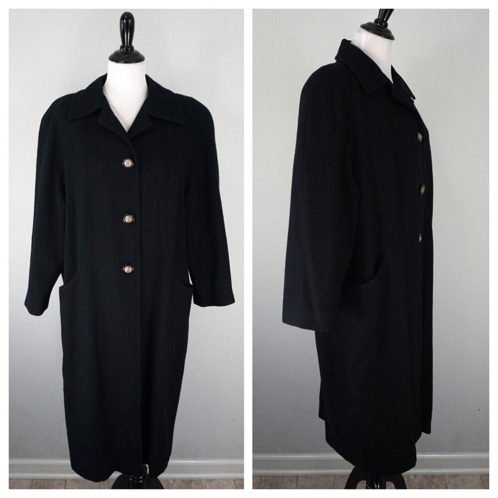 Russell Scott Black 100% Wool Long Button Up Overcoat Jacket Lined Coat XL
